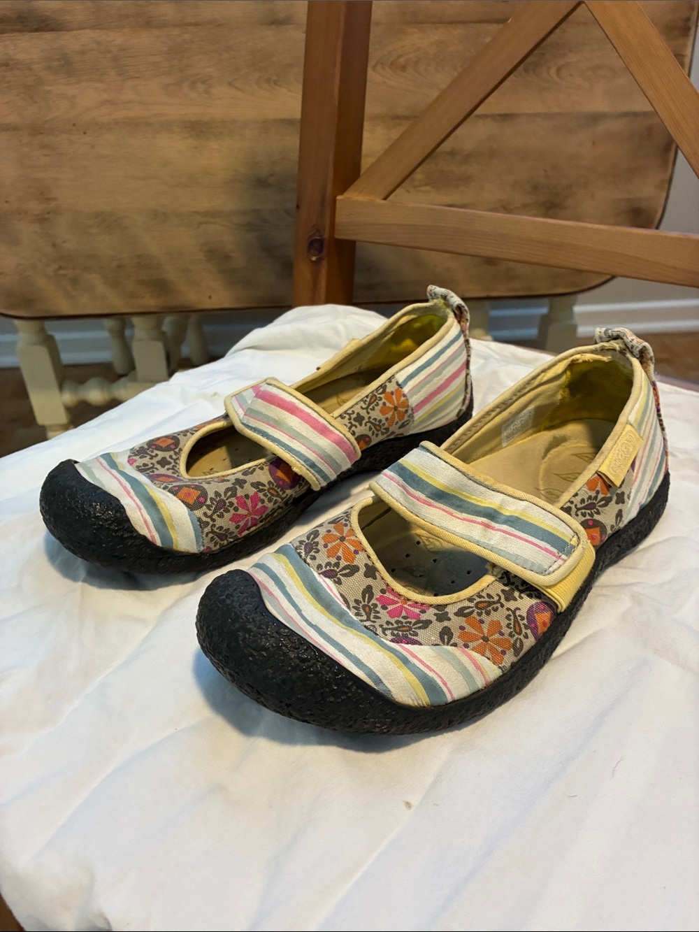 Keen Floral Stripe Mary Jane Flats in Yellow, Pink, Blue and Brown